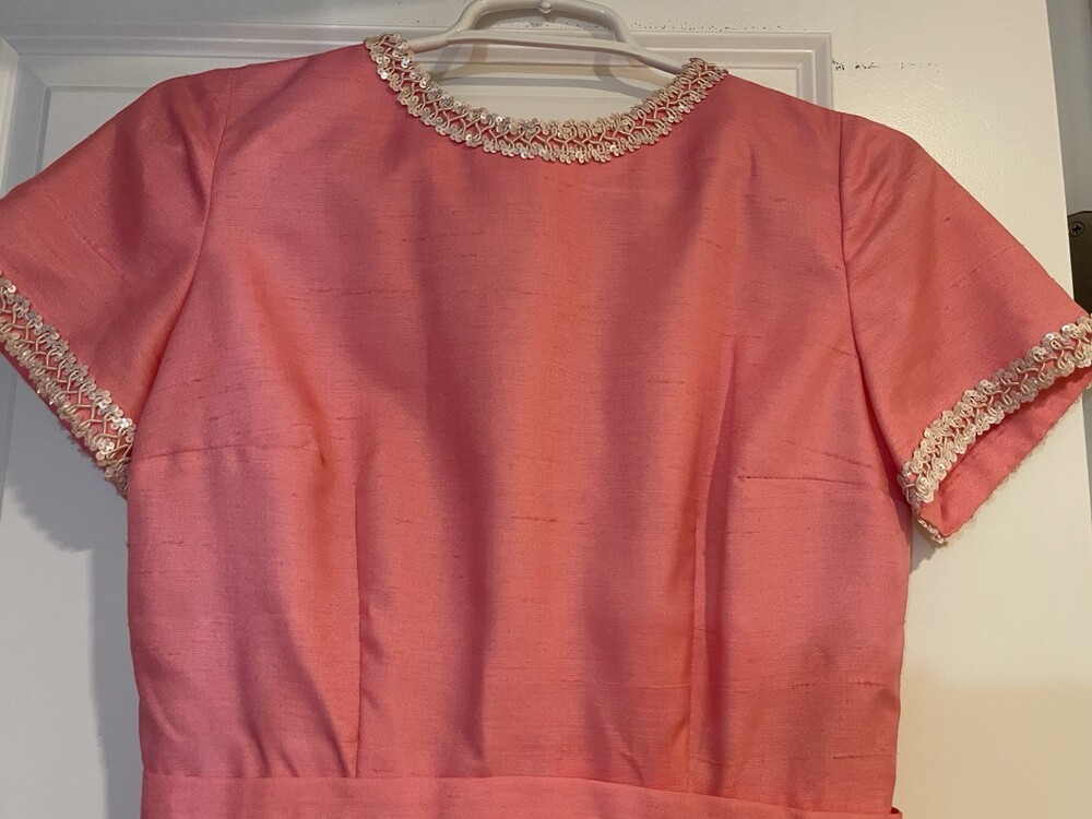 Vintage 50s Raw Silk Wiggle Dress Pink Beaded Neckline  Pencil S/M